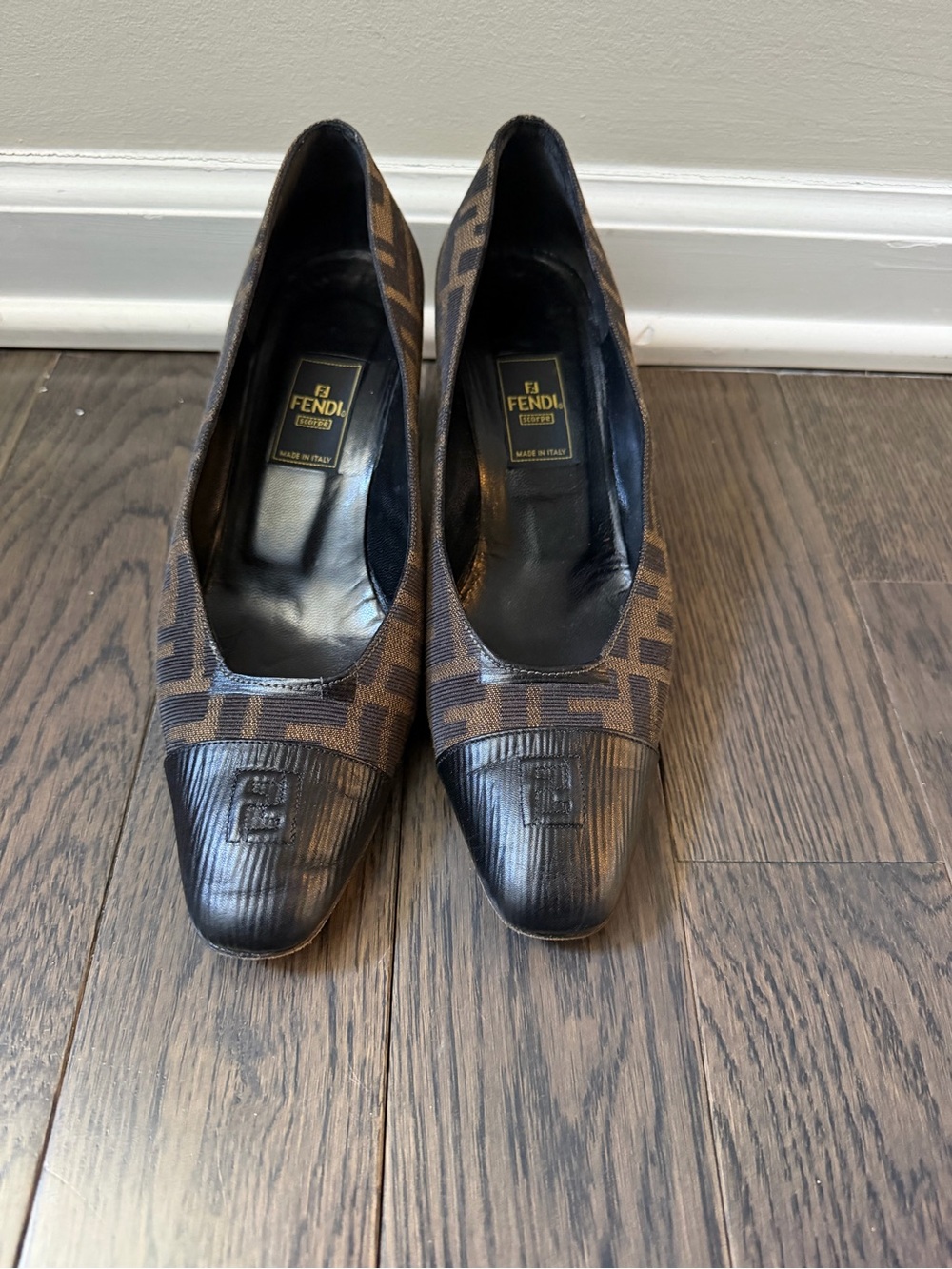 Fendi Brown Zucca Logo Mid-Heel Pumps with Leather Cap Toe